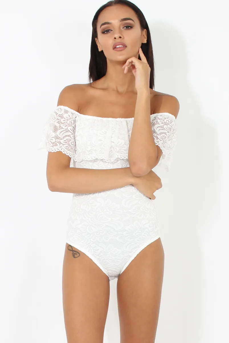 White Lace Frill Bardot Bodysuit - Tonika