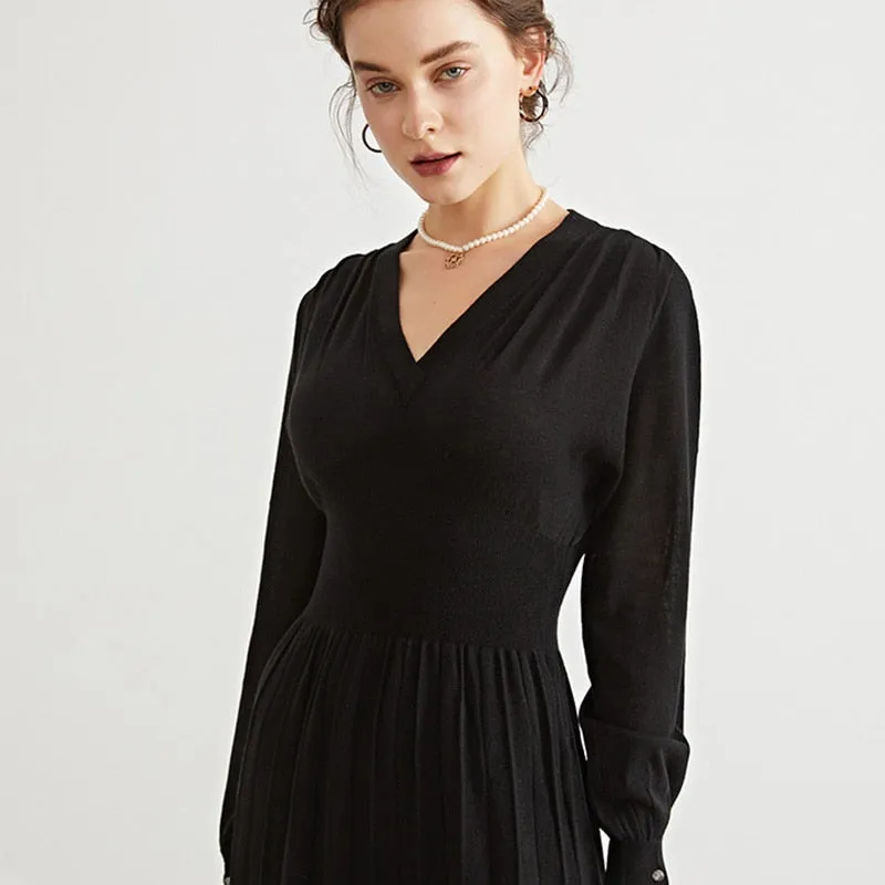 Woman Long Dress Wool Blend Long Sleeves V Neck