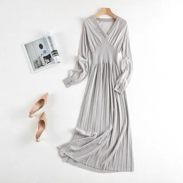 Woman Long Dress Wool Blend Long Sleeves V Neck