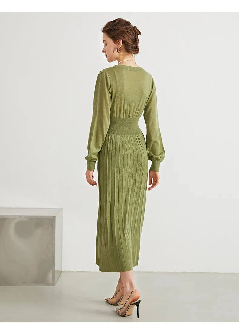 Woman Long Dress Wool Blend Long Sleeves V Neck