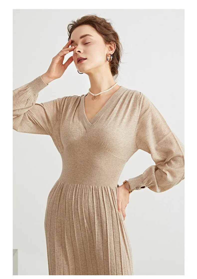Woman Long Dress Wool Blend Long Sleeves V Neck