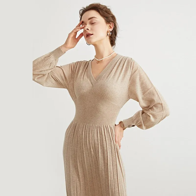 Woman Long Dress Wool Blend Long Sleeves V Neck