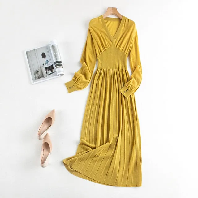 Woman Long Dress Wool Blend Long Sleeves V Neck