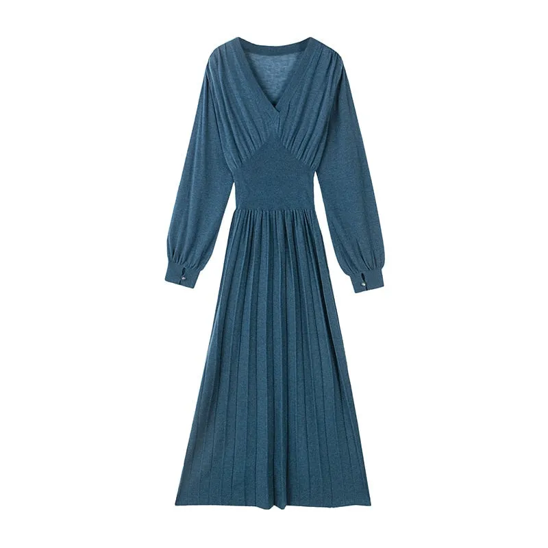 Woman Long Dress Wool Blend Long Sleeves V Neck