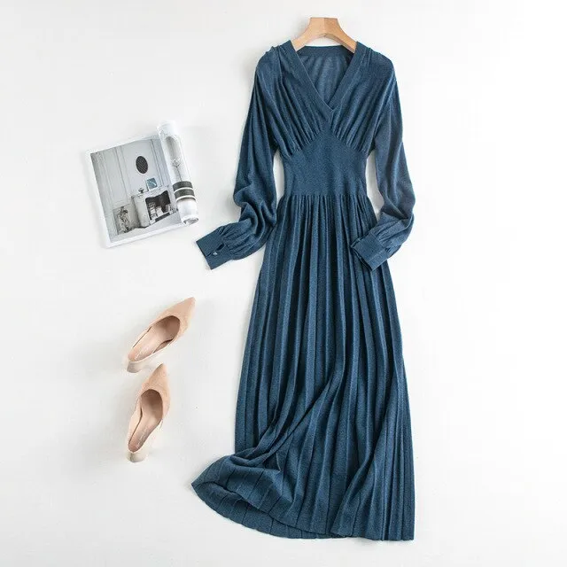 Woman Long Dress Wool Blend Long Sleeves V Neck