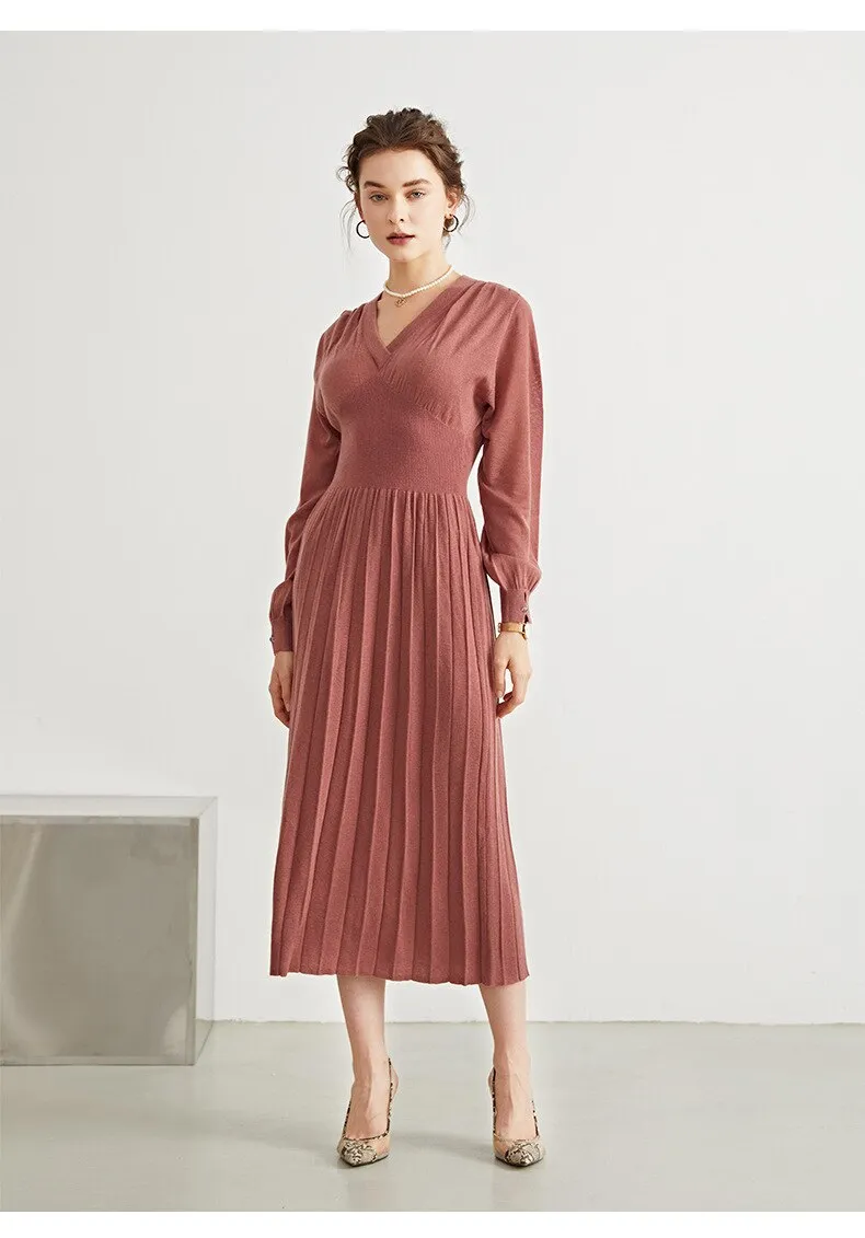 Woman Long Dress Wool Blend Long Sleeves V Neck