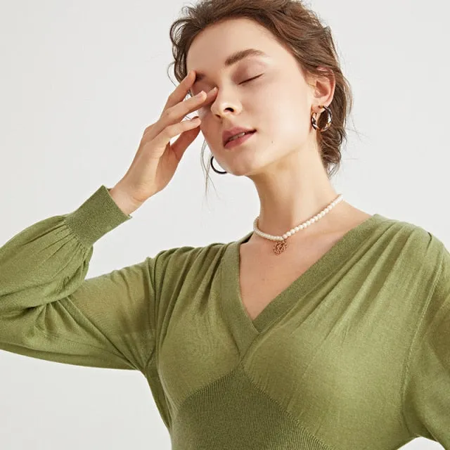 Woman Long Dress Wool Blend Long Sleeves V Neck