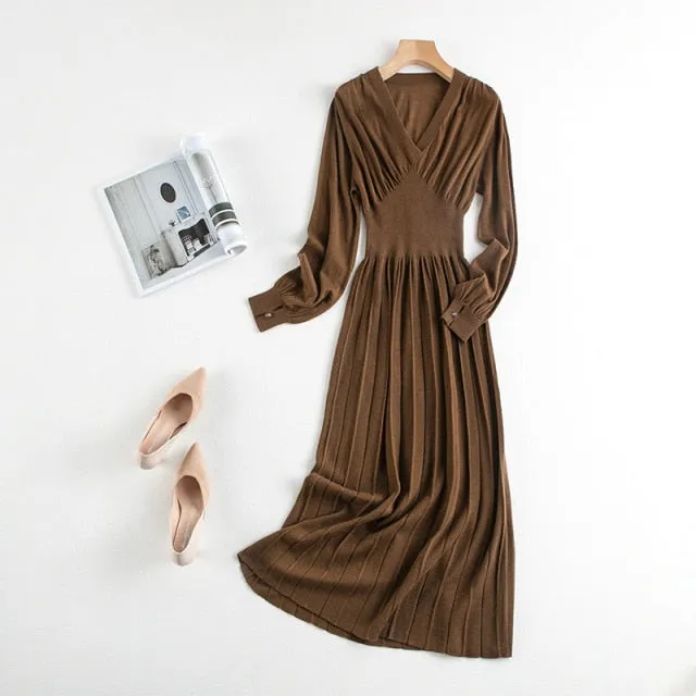 Woman Long Dress Wool Blend Long Sleeves V Neck