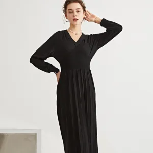 Woman Long Dress Wool Blend Long Sleeves V Neck