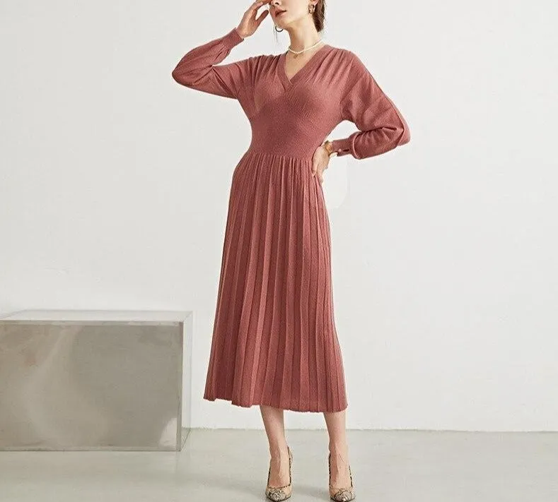 Woman Long Dress Wool Blend Long Sleeves V Neck