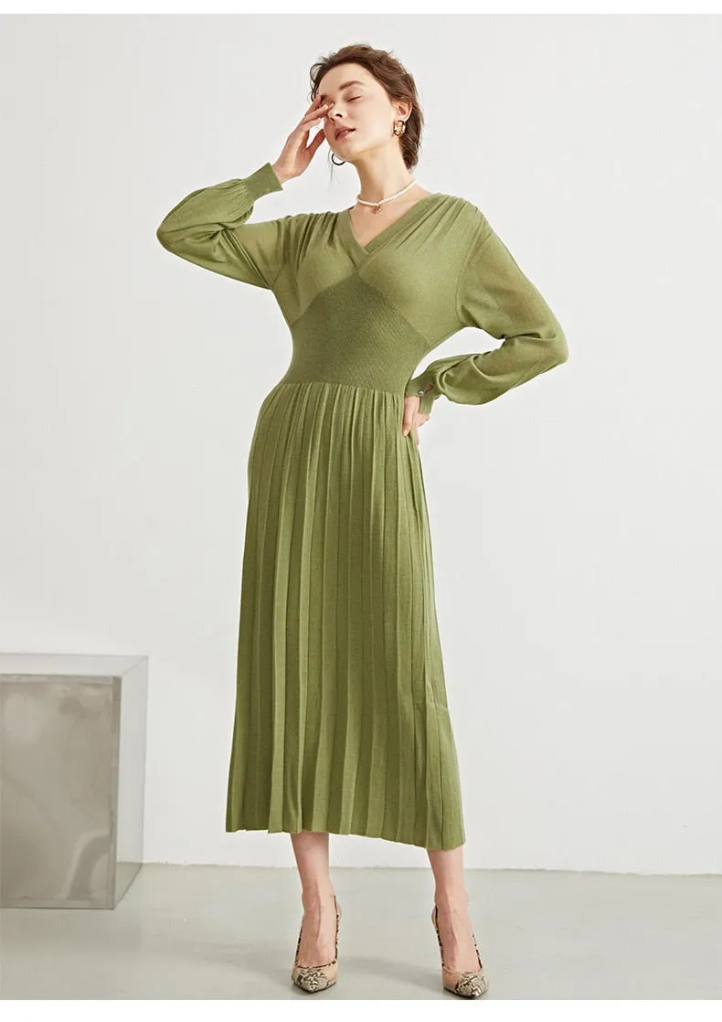 Woman Long Dress Wool Blend Long Sleeves V Neck