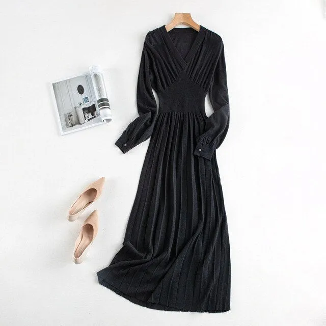 Woman Long Dress Wool Blend Long Sleeves V Neck