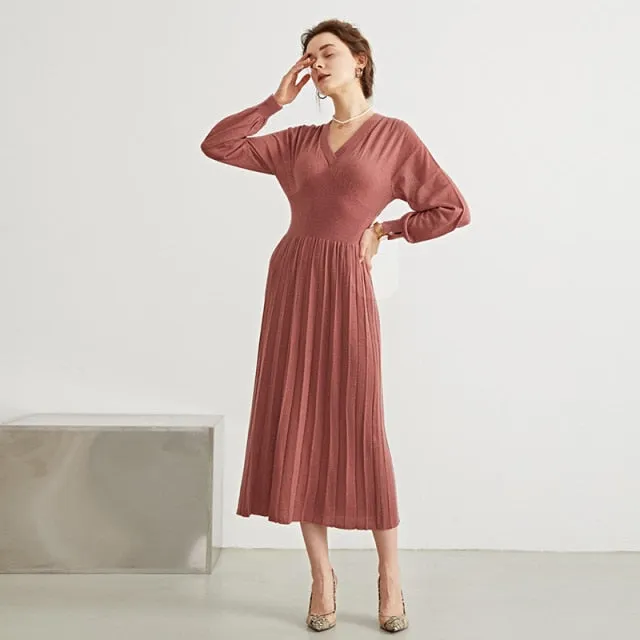 Woman Long Dress Wool Blend Long Sleeves V Neck