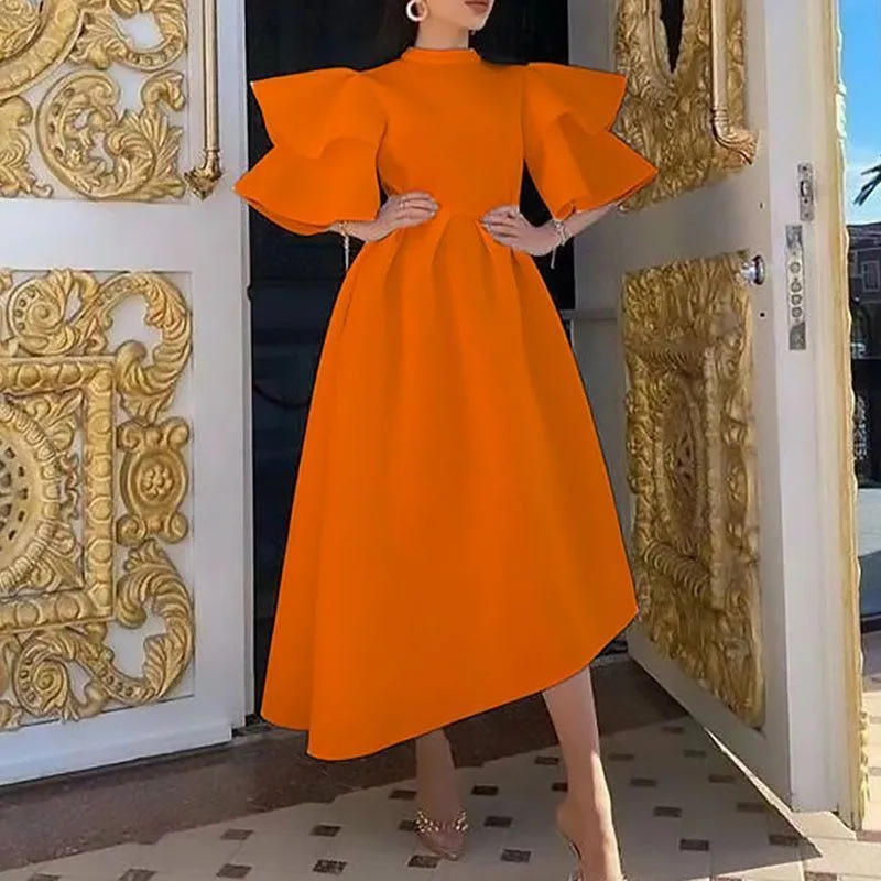 Women Elegant Solid Party Dresses Double Layer Butterfly Sleeve Midi Dress Vintage dresses