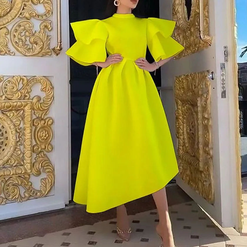 Women Elegant Solid Party Dresses Double Layer Butterfly Sleeve Midi Dress Vintage dresses