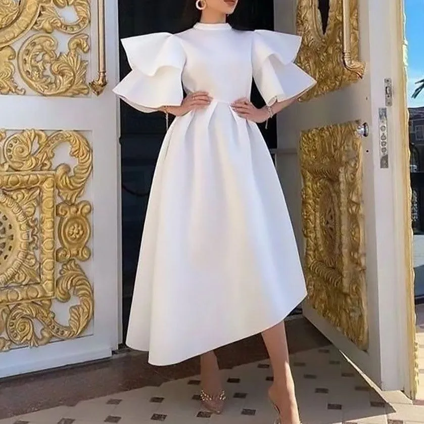 Women Elegant Solid Party Dresses Double Layer Butterfly Sleeve Midi Dress Vintage dresses