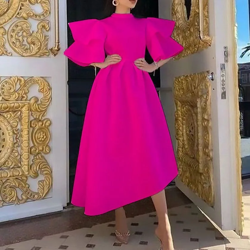 Women Elegant Solid Party Dresses Double Layer Butterfly Sleeve Midi Dress Vintage dresses
