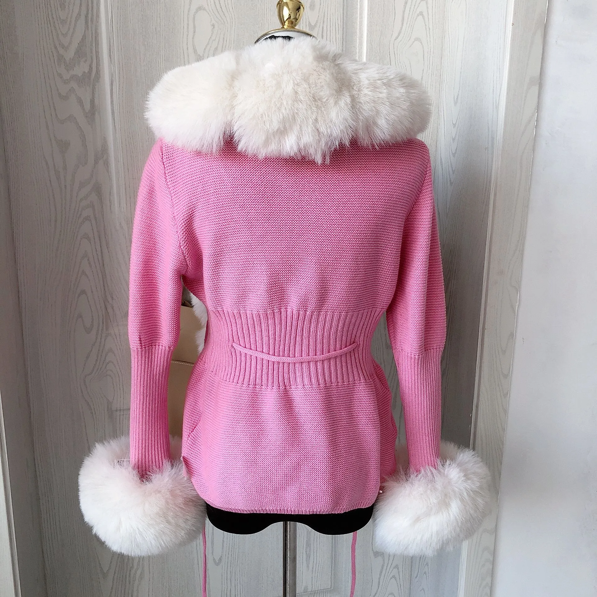 Women Faux Fur Knit Sweater Cardigan Spring Autumn Elegant Knitted