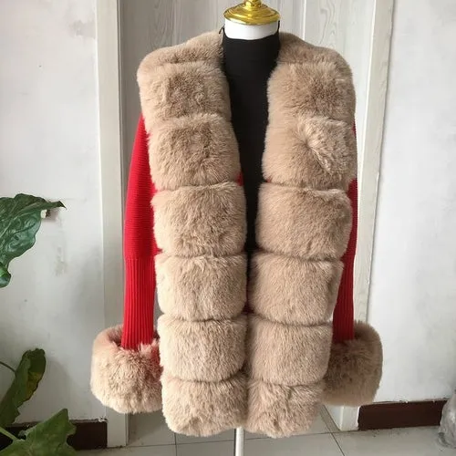 Women Faux Fur Knit Sweater Cardigan Spring Autumn Elegant Knitted