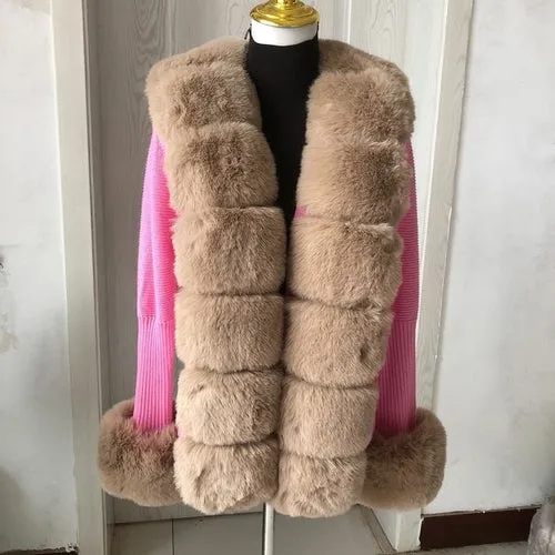Women Faux Fur Knit Sweater Cardigan Spring Autumn Elegant Knitted