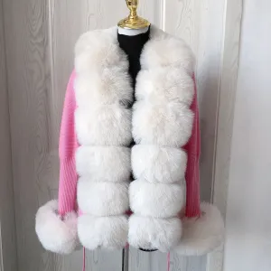 Women Faux Fur Knit Sweater Cardigan Spring Autumn Elegant Knitted