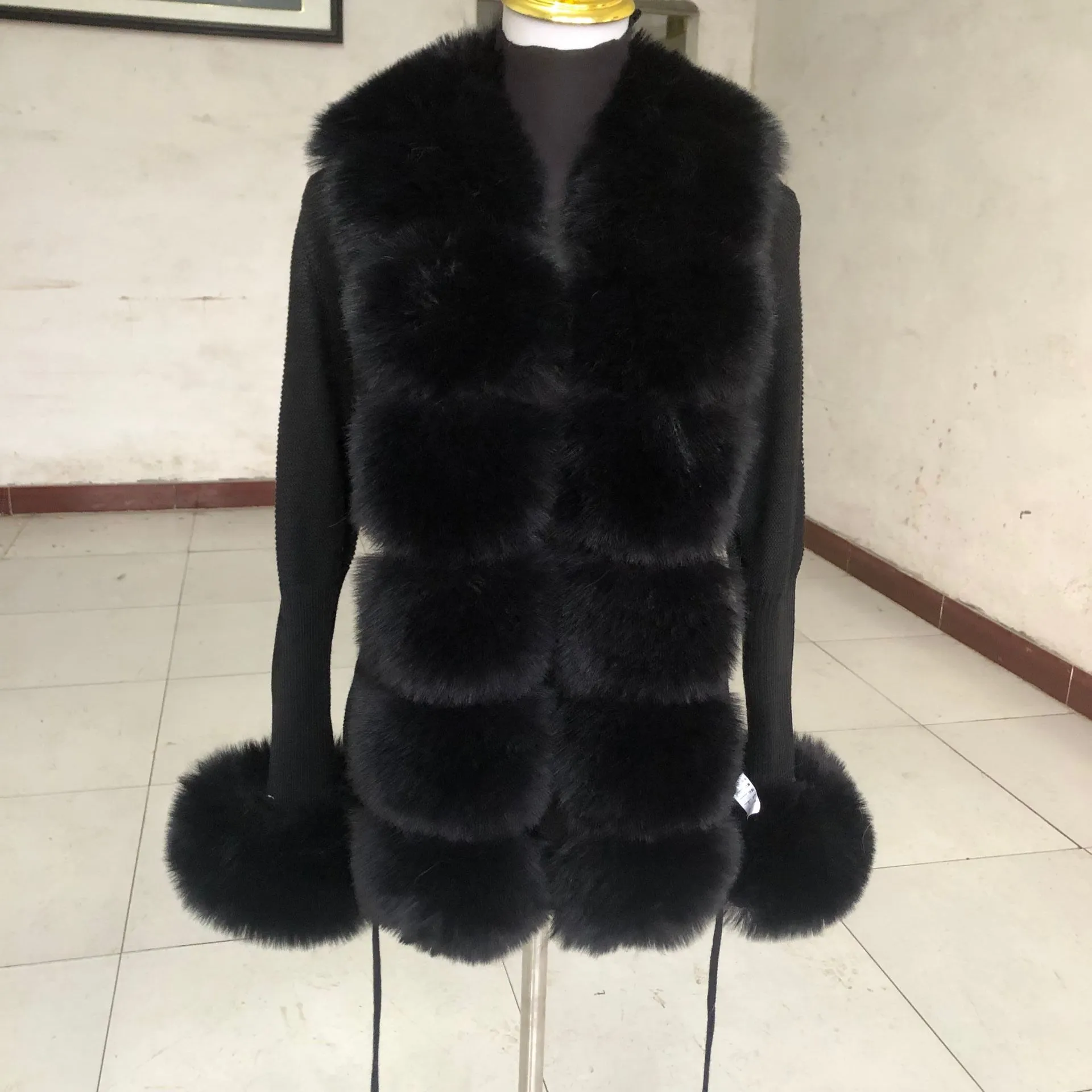 Women Faux Fur Knit Sweater Cardigan Spring Autumn Elegant Knitted