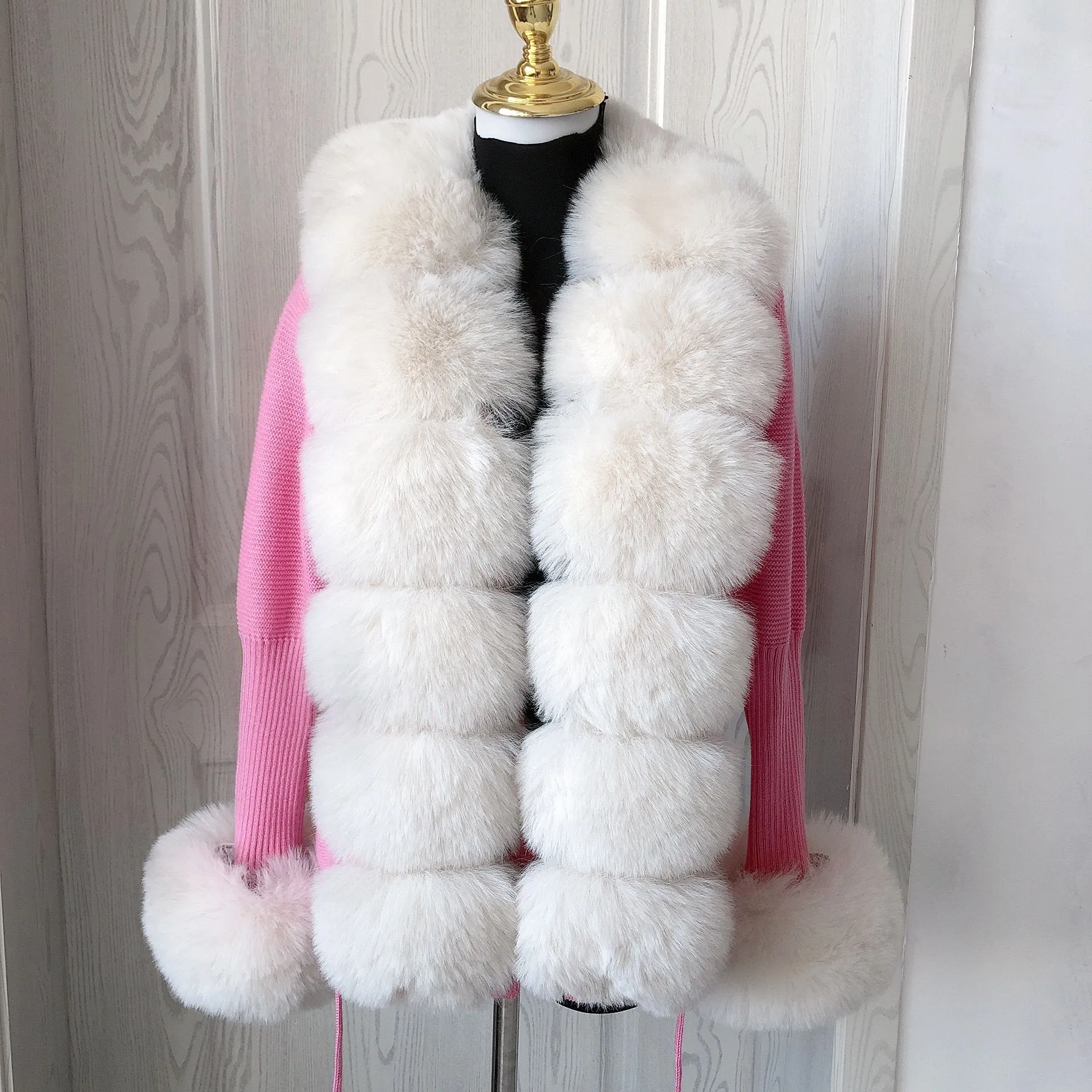 Women Faux Fur Knit Sweater Cardigan Spring Autumn Elegant Knitted