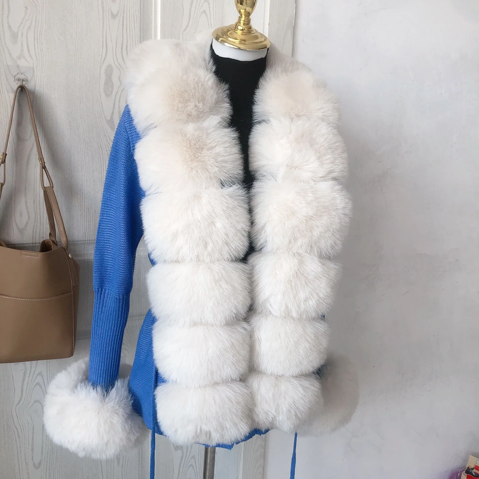 Women Faux Fur Knit Sweater Cardigan Spring Autumn Elegant Knitted