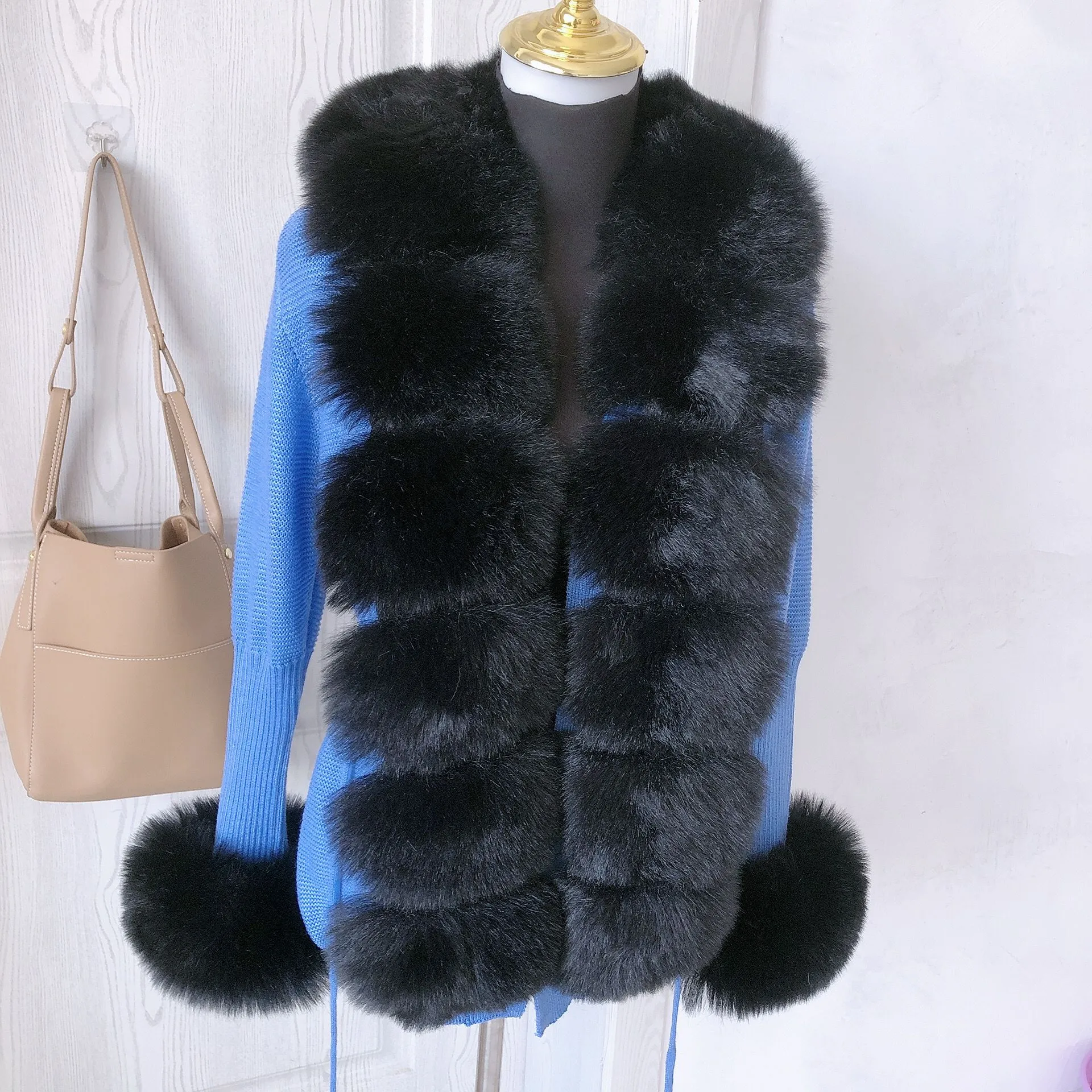 Women Faux Fur Knit Sweater Cardigan Spring Autumn Elegant Knitted