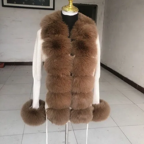Women Faux Fur Knit Sweater Cardigan Spring Autumn Elegant Knitted