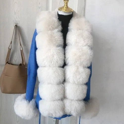 Women Faux Fur Knit Sweater Cardigan Spring Autumn Elegant Knitted