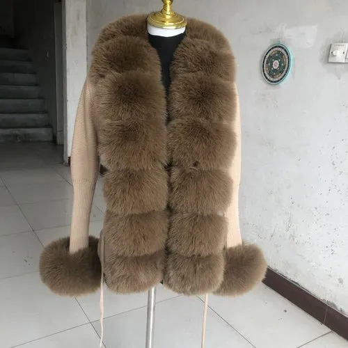 Women Faux Fur Knit Sweater Cardigan Spring Autumn Elegant Knitted