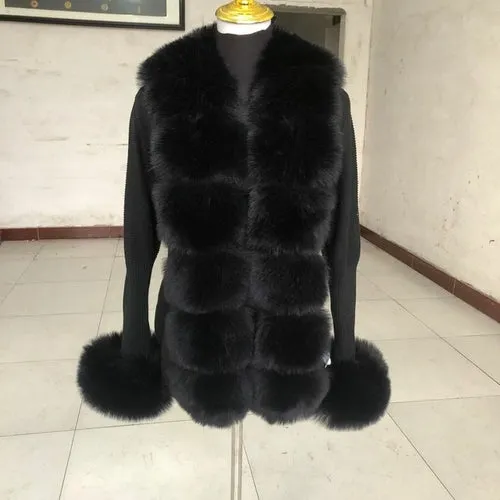 Women Faux Fur Knit Sweater Cardigan Spring Autumn Elegant Knitted