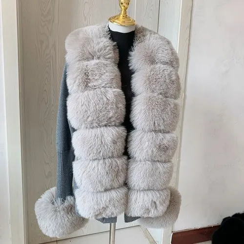 Women Faux Fur Knit Sweater Cardigan Spring Autumn Elegant Knitted