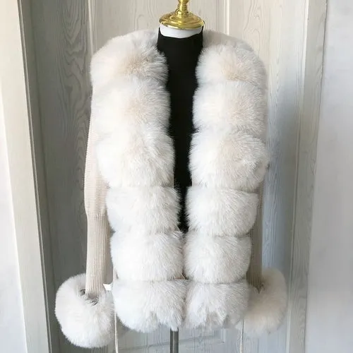 Women Faux Fur Knit Sweater Cardigan Spring Autumn Elegant Knitted