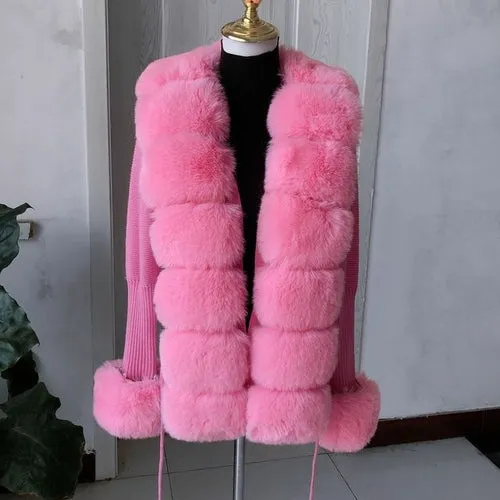 Women Faux Fur Knit Sweater Cardigan Spring Autumn Elegant Knitted