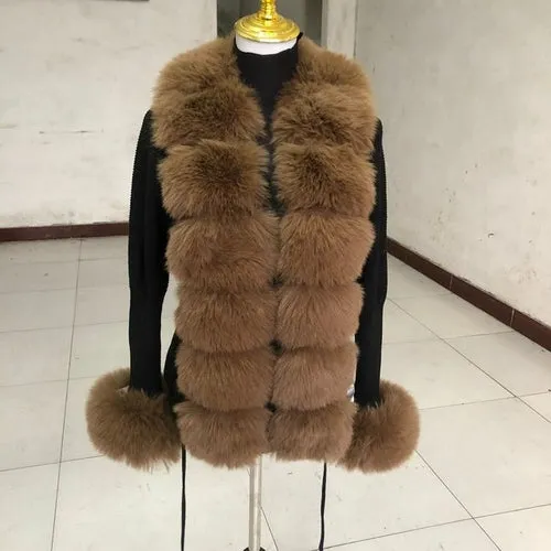 Women Faux Fur Knit Sweater Cardigan Spring Autumn Elegant Knitted