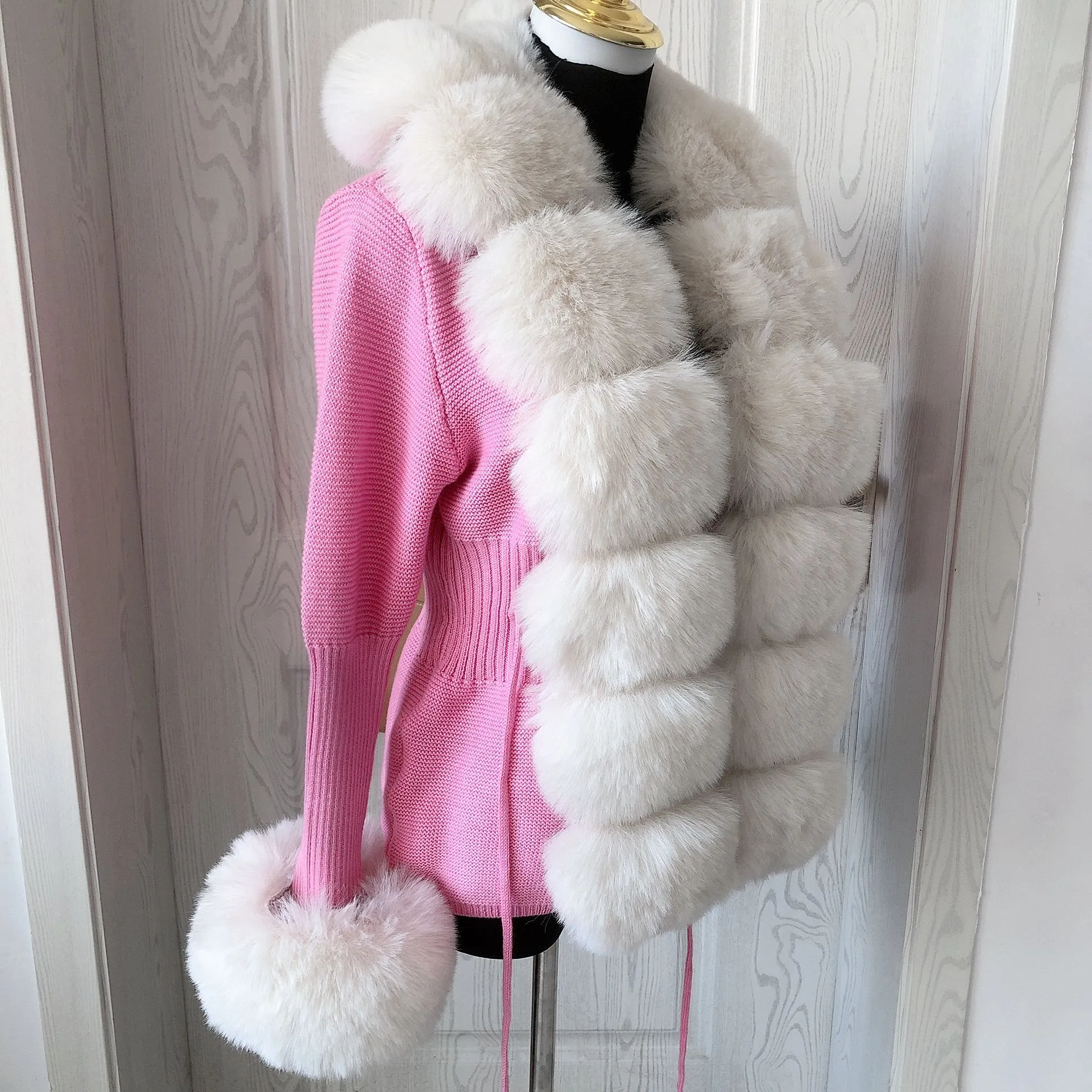 Women Faux Fur Knit Sweater Cardigan Spring Autumn Elegant Knitted