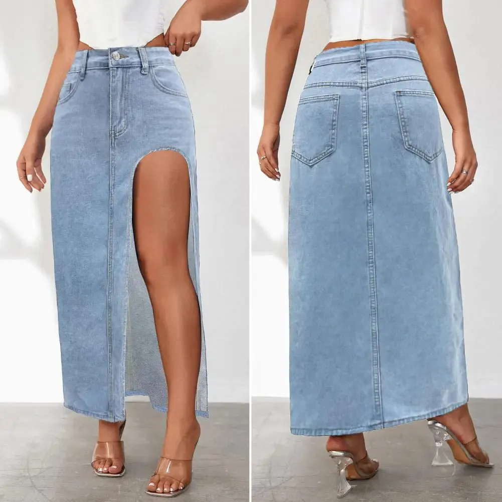 Women High Waist Denim Maxi Skirt