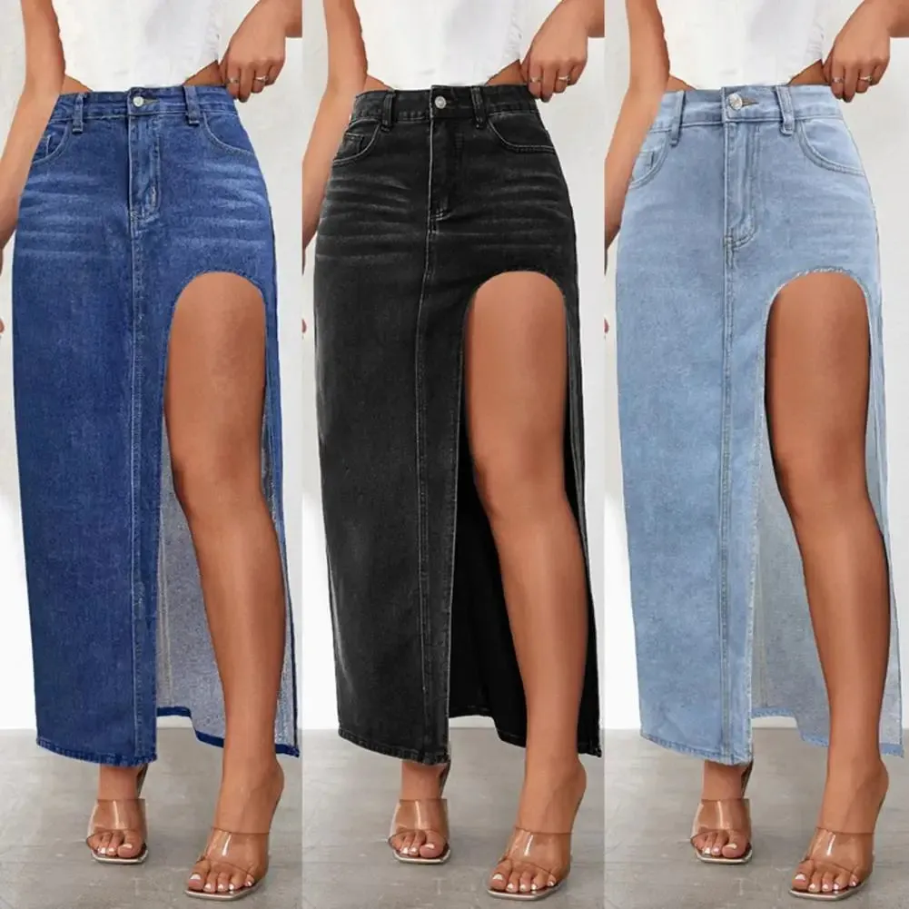 Women High Waist Denim Maxi Skirt