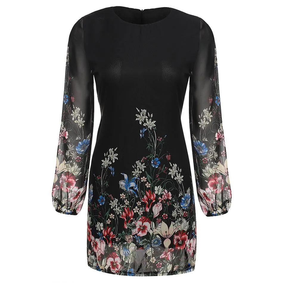 Women Summer Style est Shift Dresses Beautiful Black Long Sleeve Floral Print Round Neck Chiffon Short Mini Dress S-XL