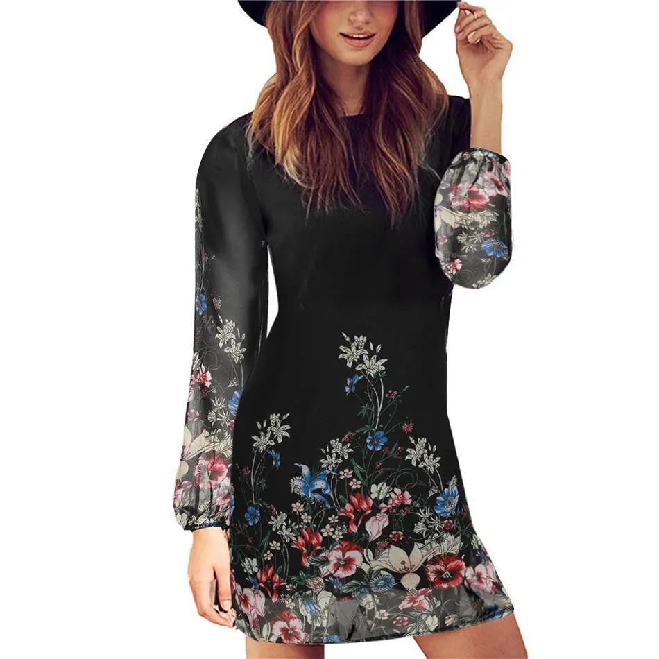 Women Summer Style est Shift Dresses Beautiful Black Long Sleeve Floral Print Round Neck Chiffon Short Mini Dress S-XL