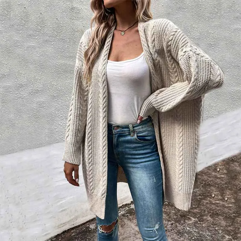 Women's Casual Open Front Cardigans Long Batwing Sleeve Chunky Cable Knit Sweaters Coat with Pockets K392