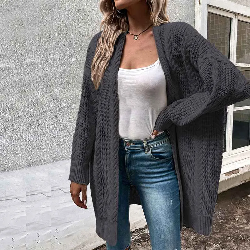Women's Casual Open Front Cardigans Long Batwing Sleeve Chunky Cable Knit Sweaters Coat with Pockets K392