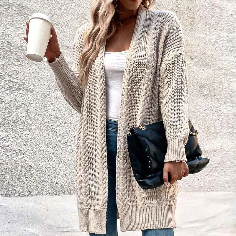 Women's Casual Open Front Cardigans Long Batwing Sleeve Chunky Cable Knit Sweaters Coat with Pockets K392