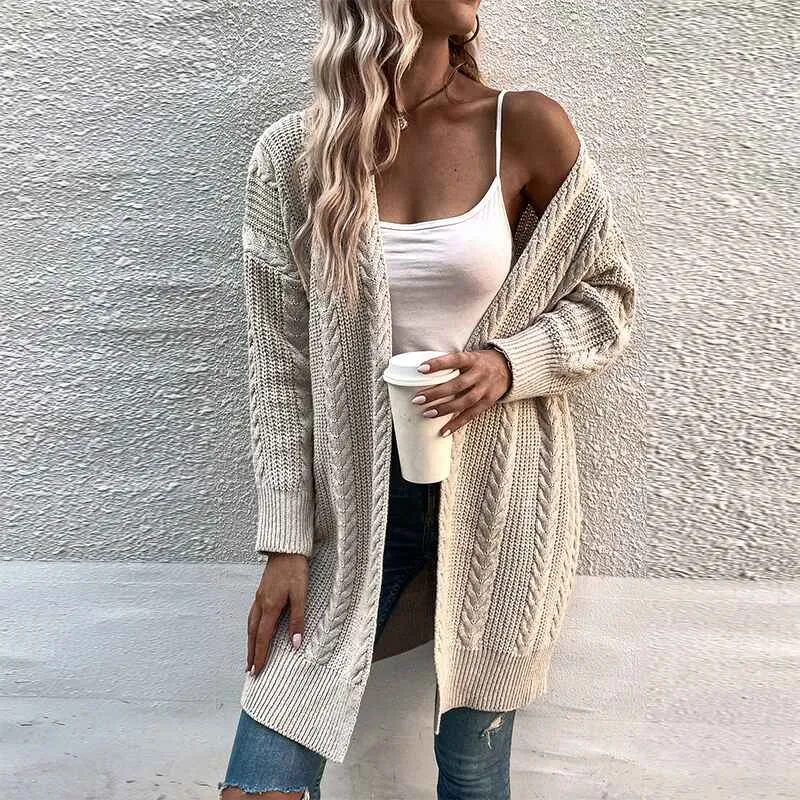Women's Casual Open Front Cardigans Long Batwing Sleeve Chunky Cable Knit Sweaters Coat with Pockets K392