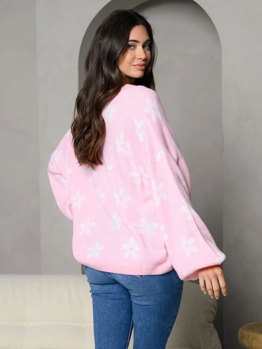 WOMEN'S DAISY PRINT LONG SLEEVE KNIT SWEATER