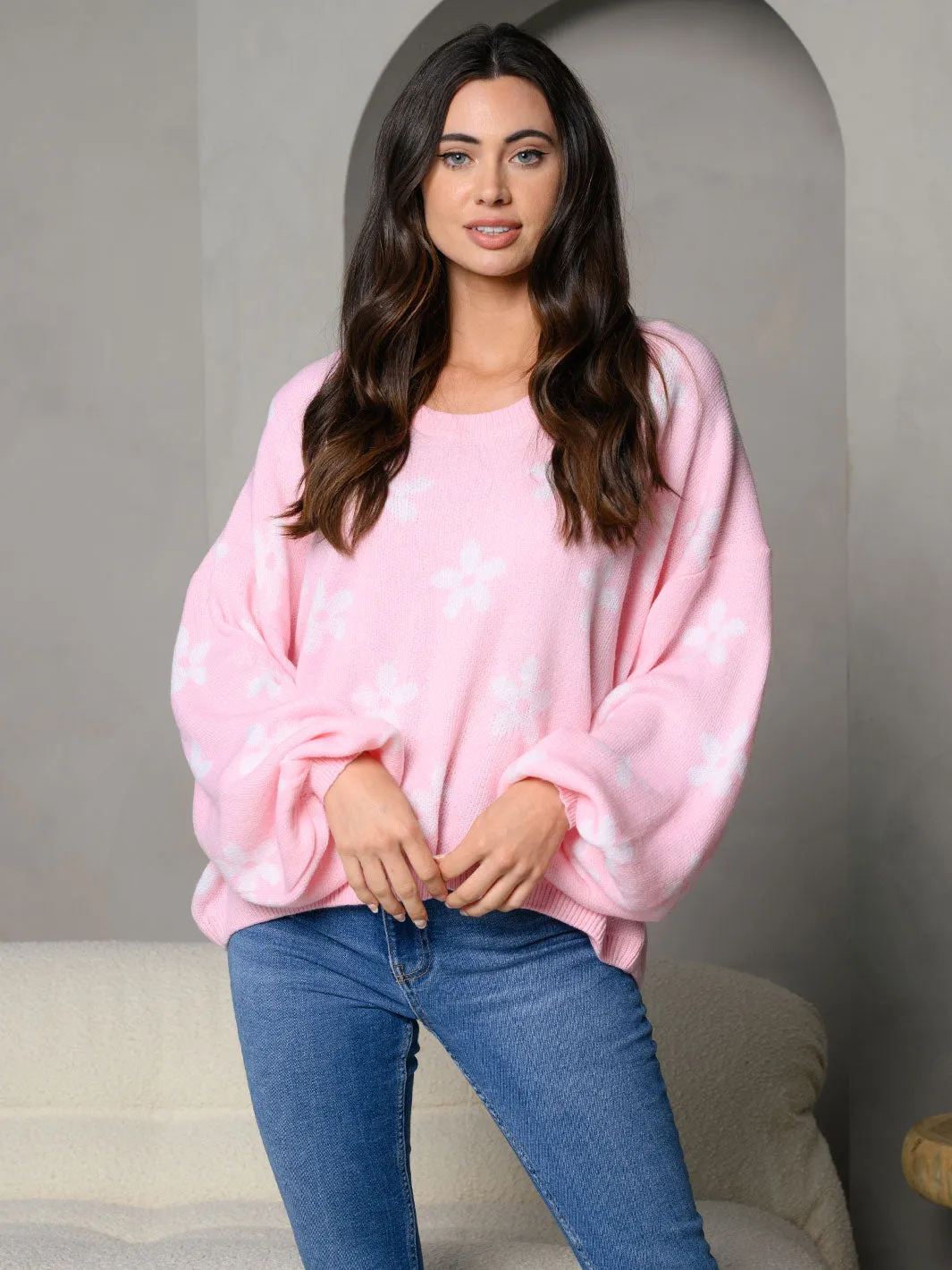 WOMEN'S DAISY PRINT LONG SLEEVE KNIT SWEATER