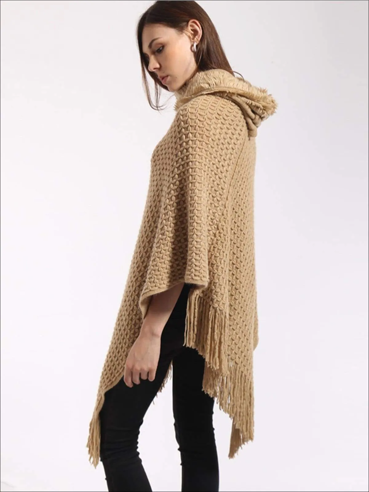 Women's Fall Knit Hooded Fringe Poncho