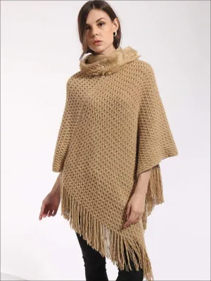 Women's Fall Knit Hooded Fringe Poncho